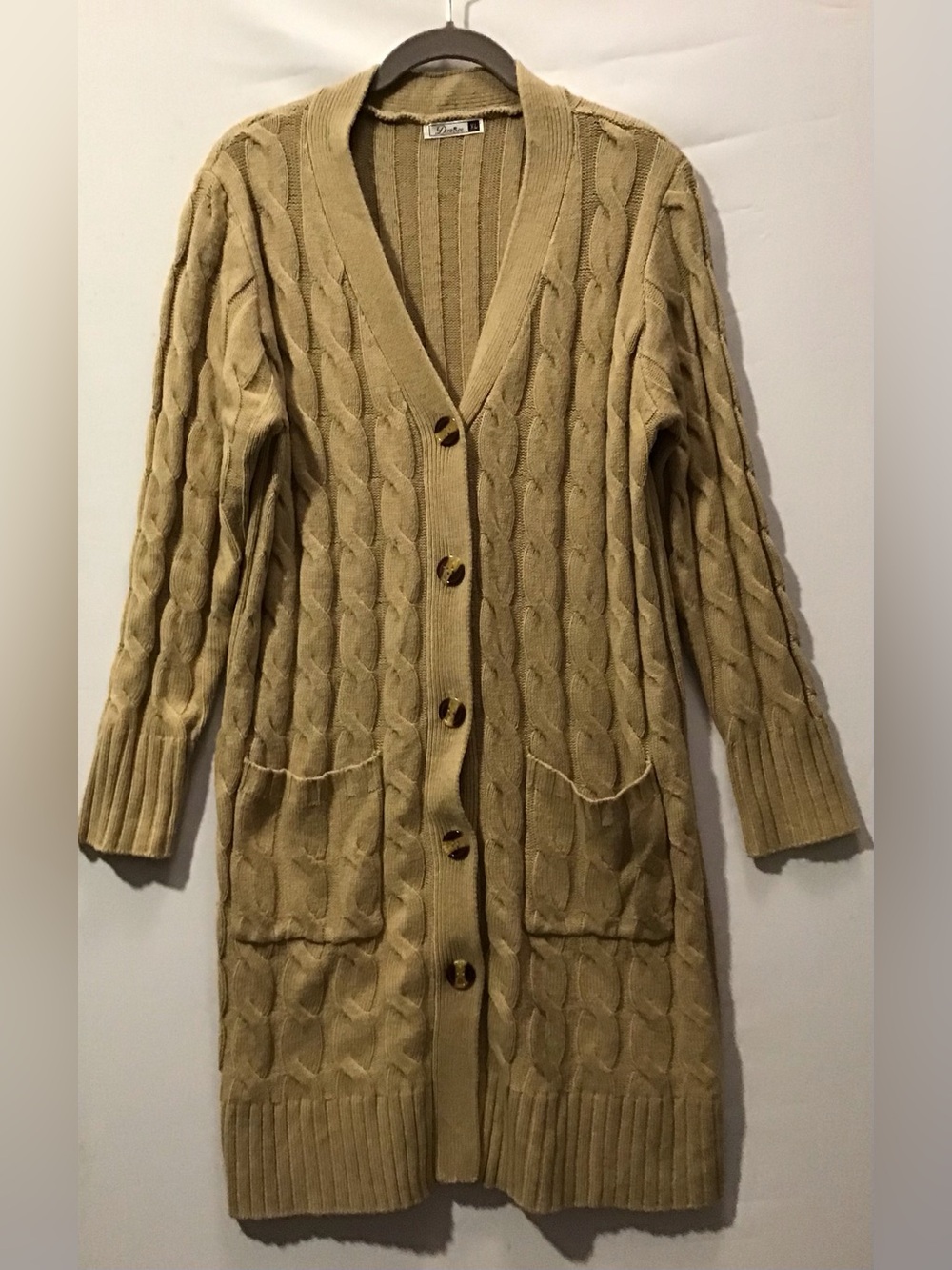 505 Long Cable Knit Button-Front Cardigan in Camel